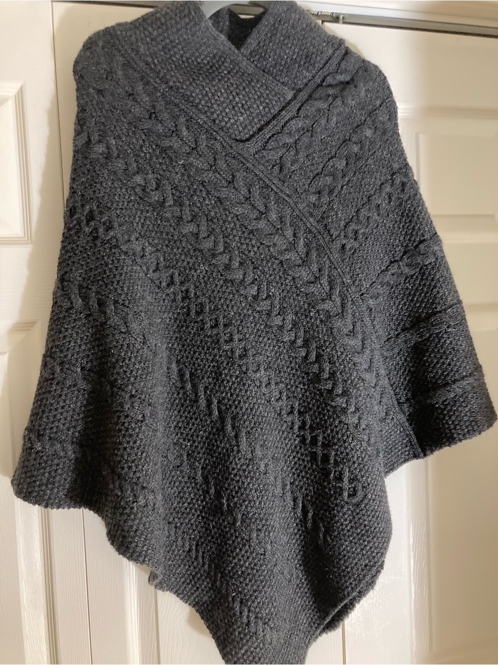 Cozy Cable-Knit 100%Merino wool Charcoal Poncho with Shawl Collar